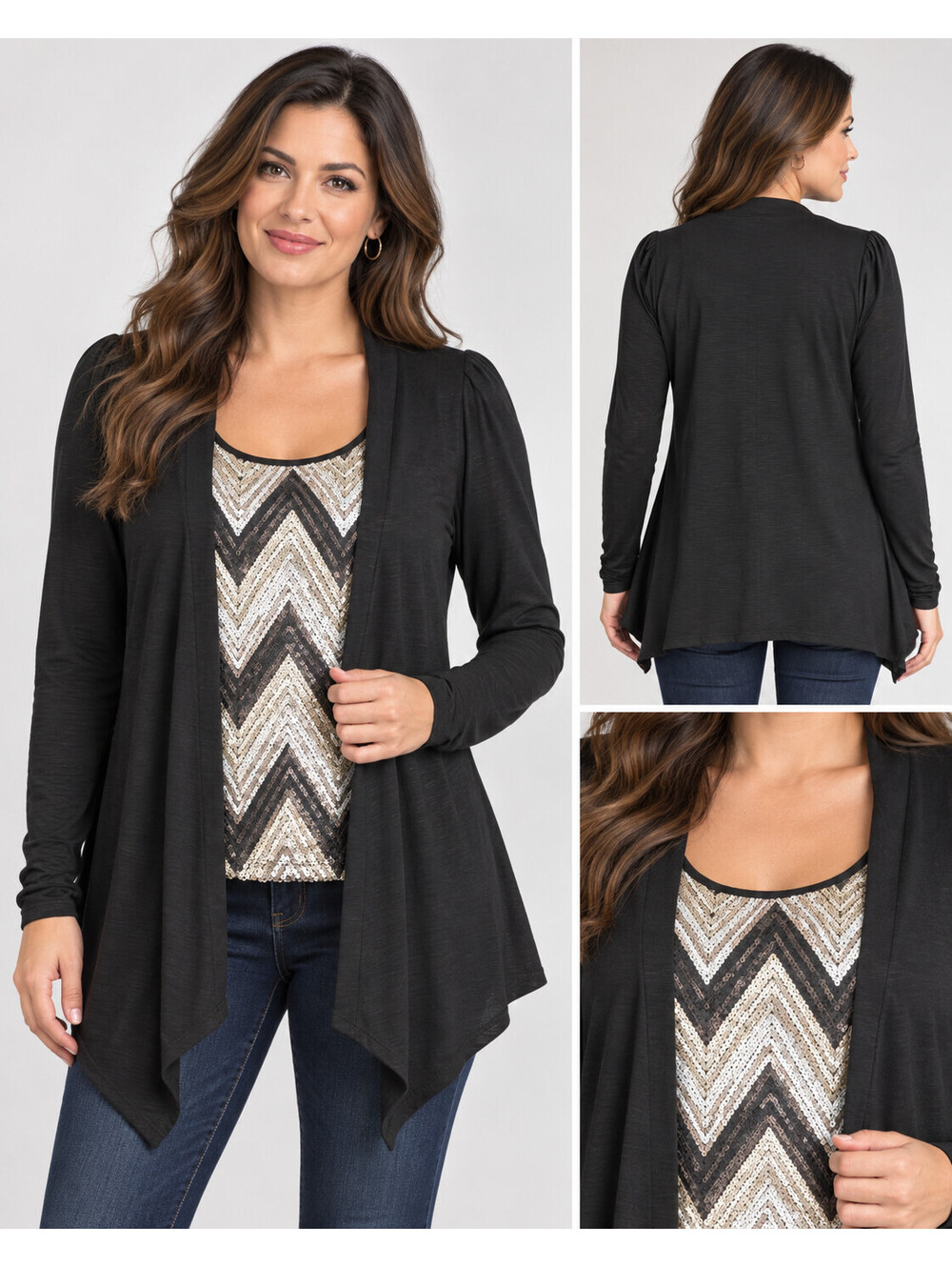 Hearts & Soul Black Open-Front Cardigan Top with Gold Zigzag Sequin Accent, Sz M